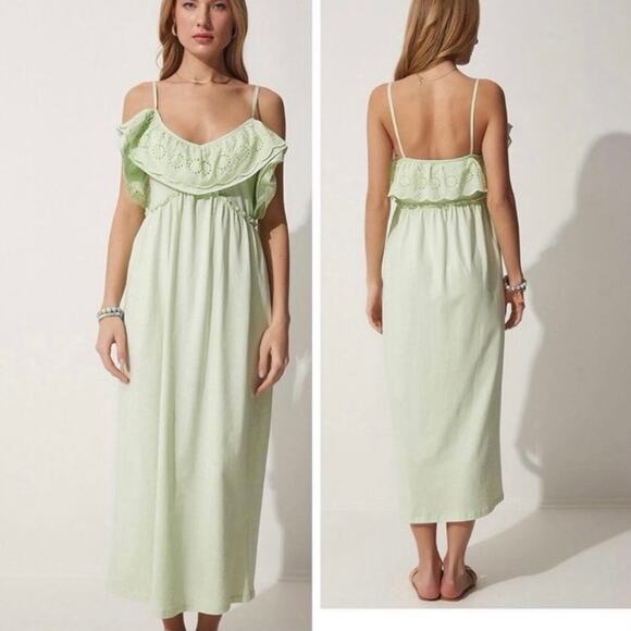 Zara Eyelet Lace Maxi Dress in Green Size Large - Picture 1 of 7